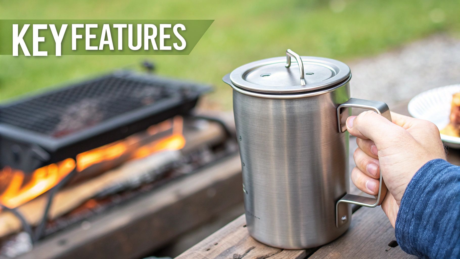 A person holds a brushed stainless steel mug with a lid, standing by a glowing campfire.
