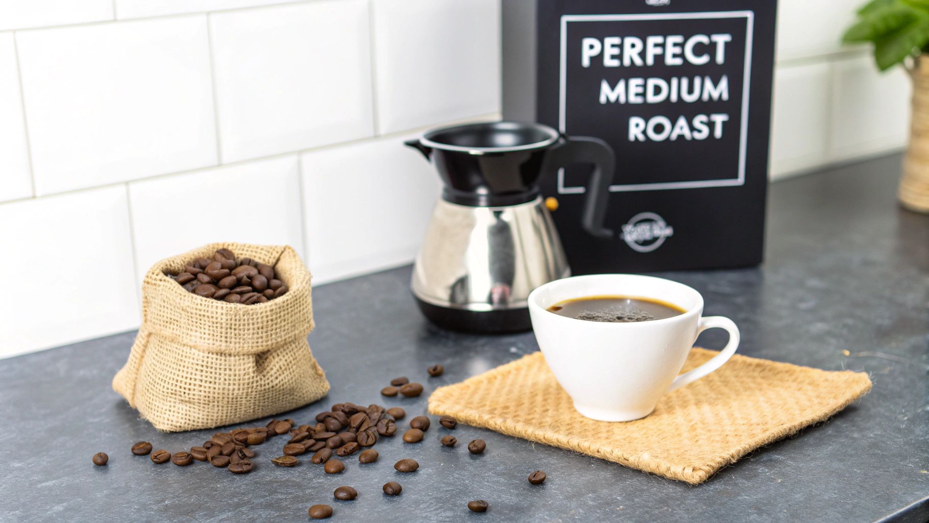 A perfect medium roast coffee setup with beans, a brewer, and a freshly poured cup.