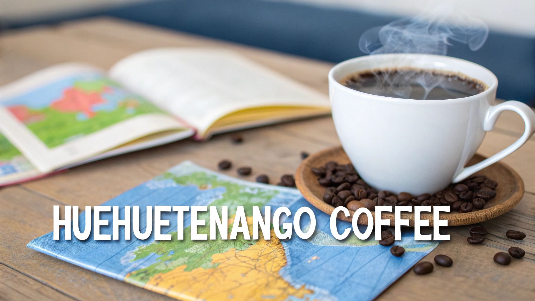 A steaming cup of Huehuetenango coffee, surrounded by coffee beans, maps, and a book on a wooden table.