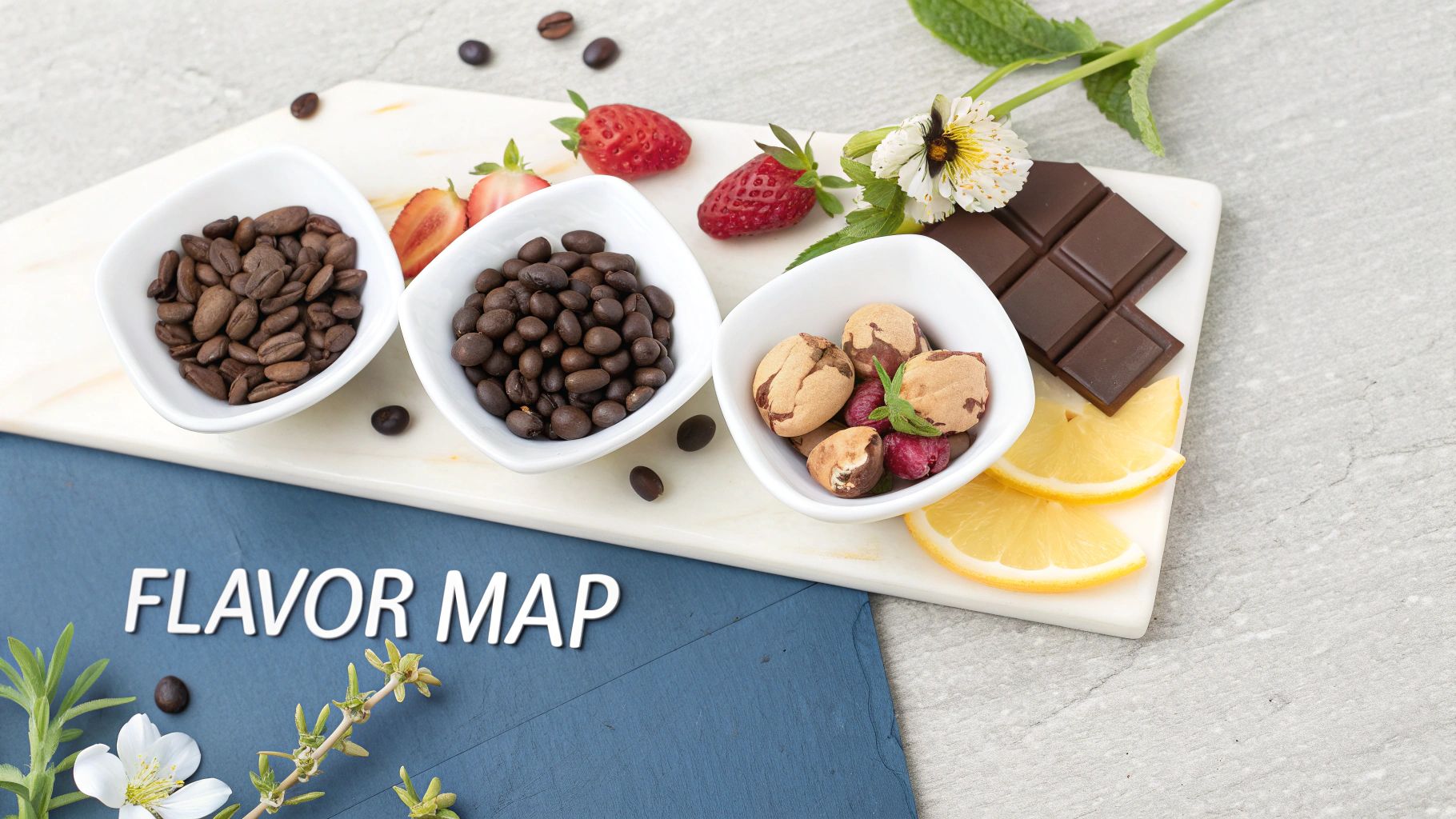 A flavorful coffee map featuring various roasted beans, fruits, chocolate, and nuts on a marble board.
