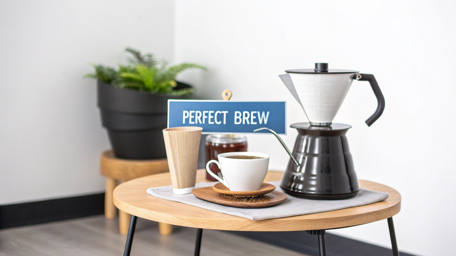 A pour-over coffee brewing setup with a gooseneck kettle, a cup of coffee, and a 'PERFECT BREW' sign.