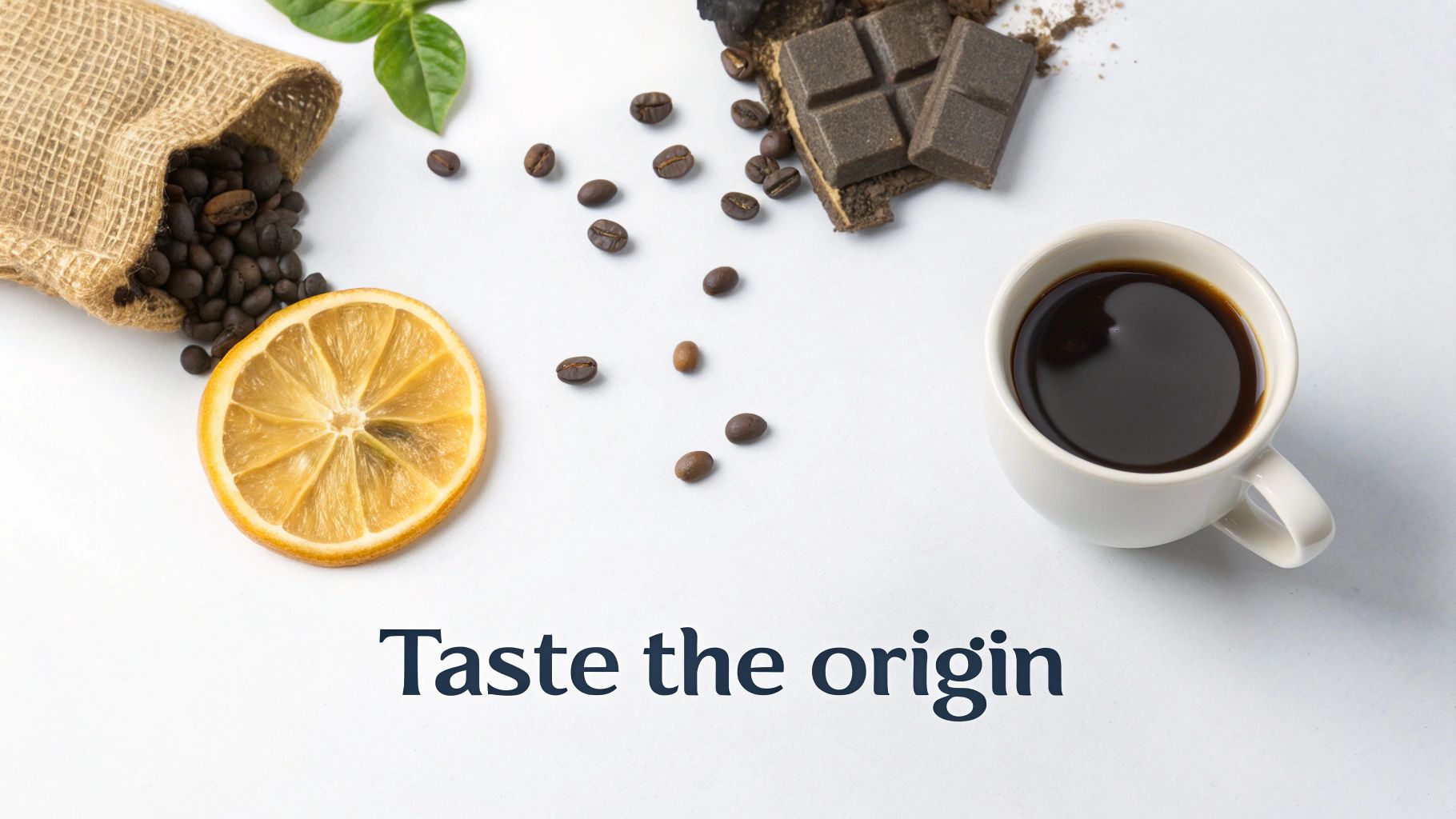 Coffee beans, a dried orange slice, dark chocolate pieces, and black coffee on a white background.