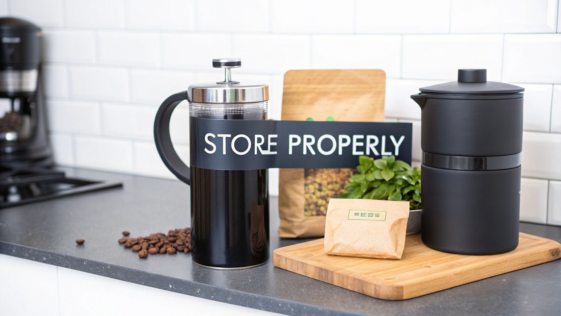 A coffee brewing setup on a kitchen counter featuring a French press and a 'STORE PROPERLY' sign.