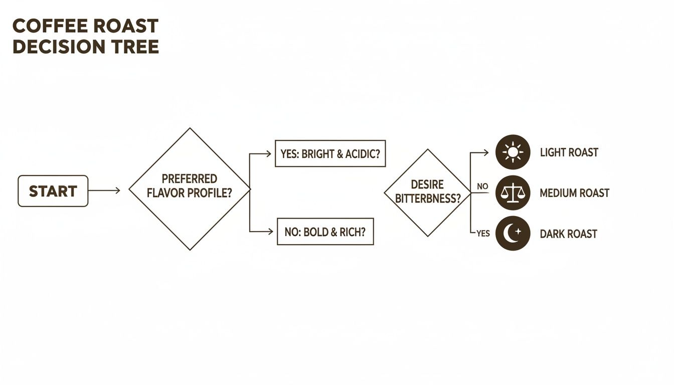 A decision tree flowchart illustrating how to choose coffee roast levels based on flavor preferences.
