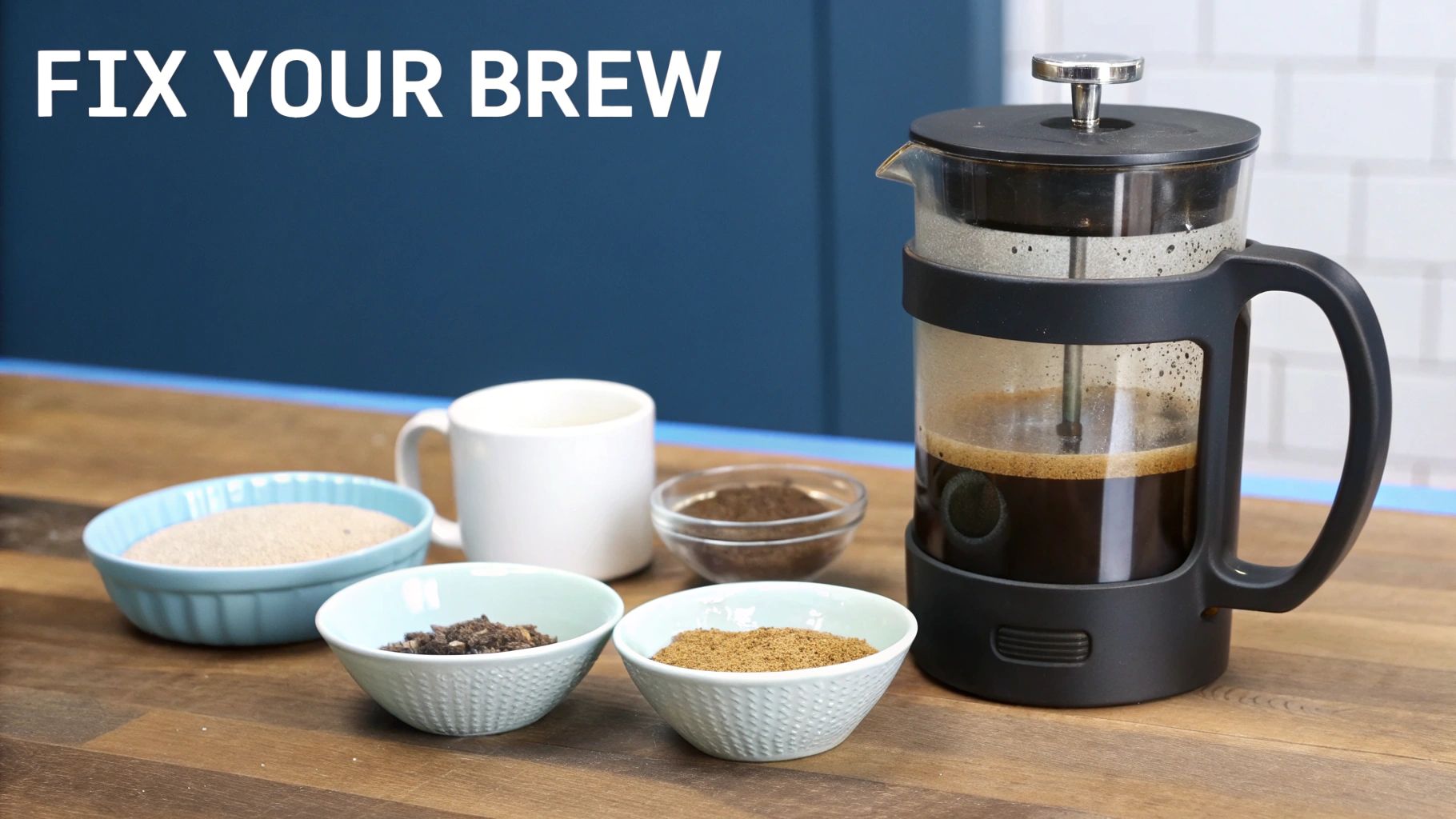 A French press filled with coffee sits on a wooden table with bowls of ingredients and a mug.