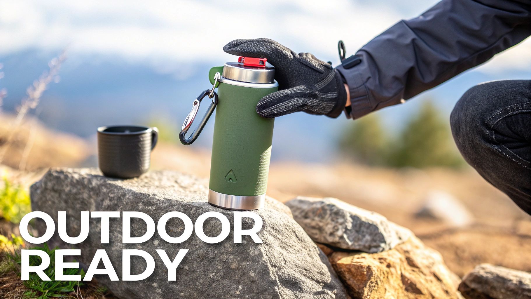 A person's gloved hand holds a green thermos bottle with a carabiner, next to a mug on a rock outdoors.