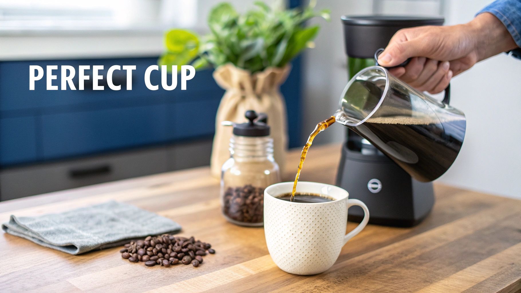 A person pouring freshly brewed coffee from a glass carafe into a dotted white mug on a wooden table.