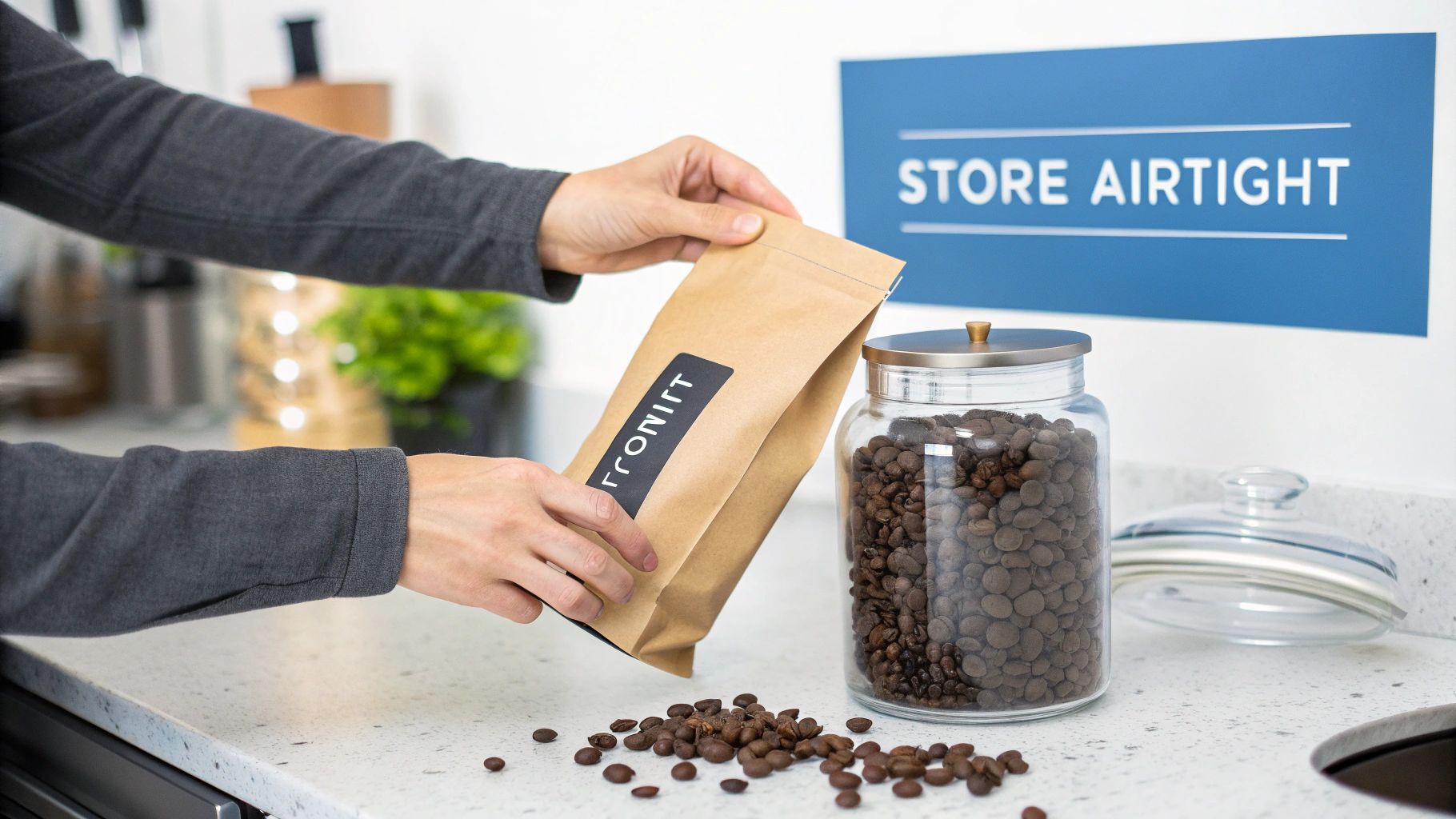 Hands pour roasted coffee beans from a brown bag into a clear glass jar on a white counter.
