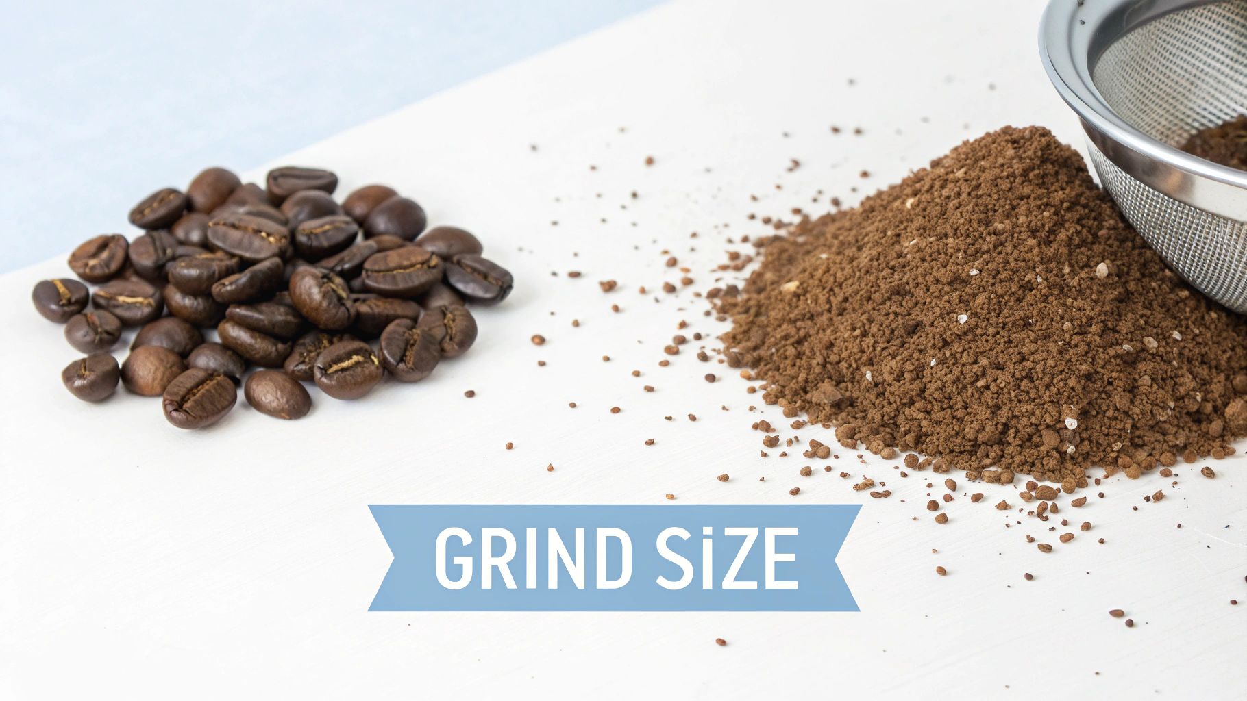 Whole coffee beans on the left and a pile of coarse ground coffee with a sieve on the right, illustrating grind size.