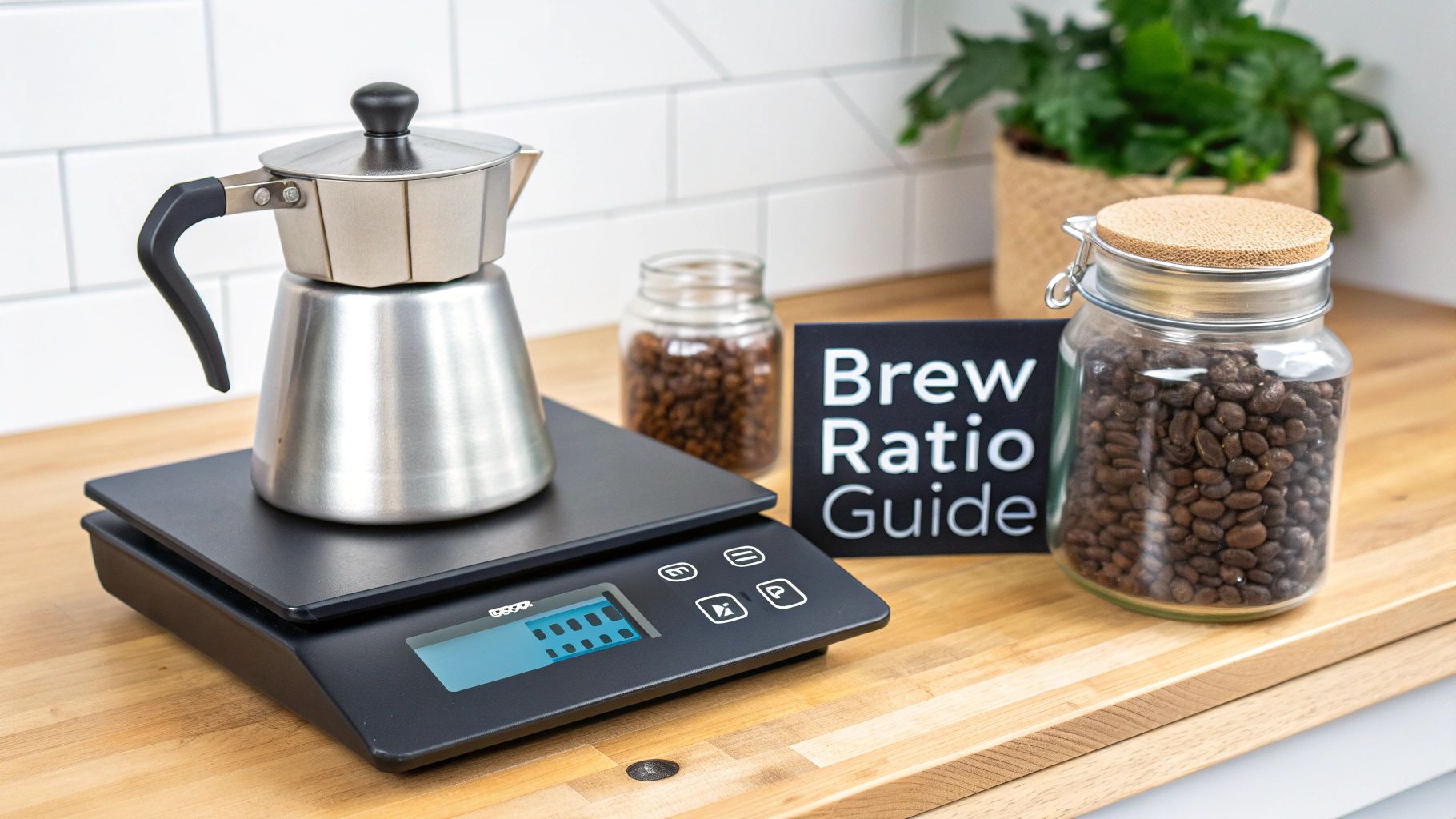 A silver moka pot sits on a black digital coffee scale next to coffee beans and a 'Brew Ratio Guide' sign.