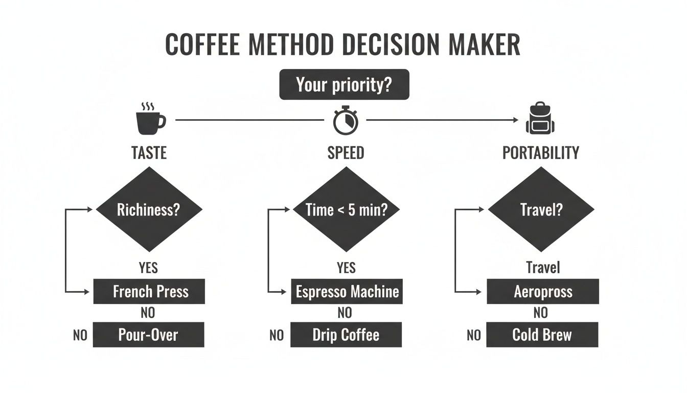 Flowchart decision maker for choosing coffee brewing methods based on taste, speed, or portability.