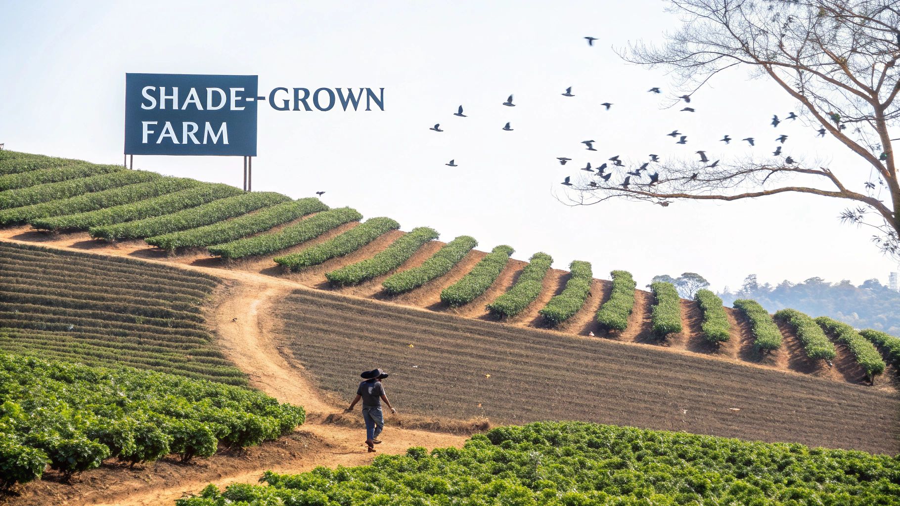 A scenic view of a shade-grown coffee farm on a terraced hillside with a worker and flying birds.