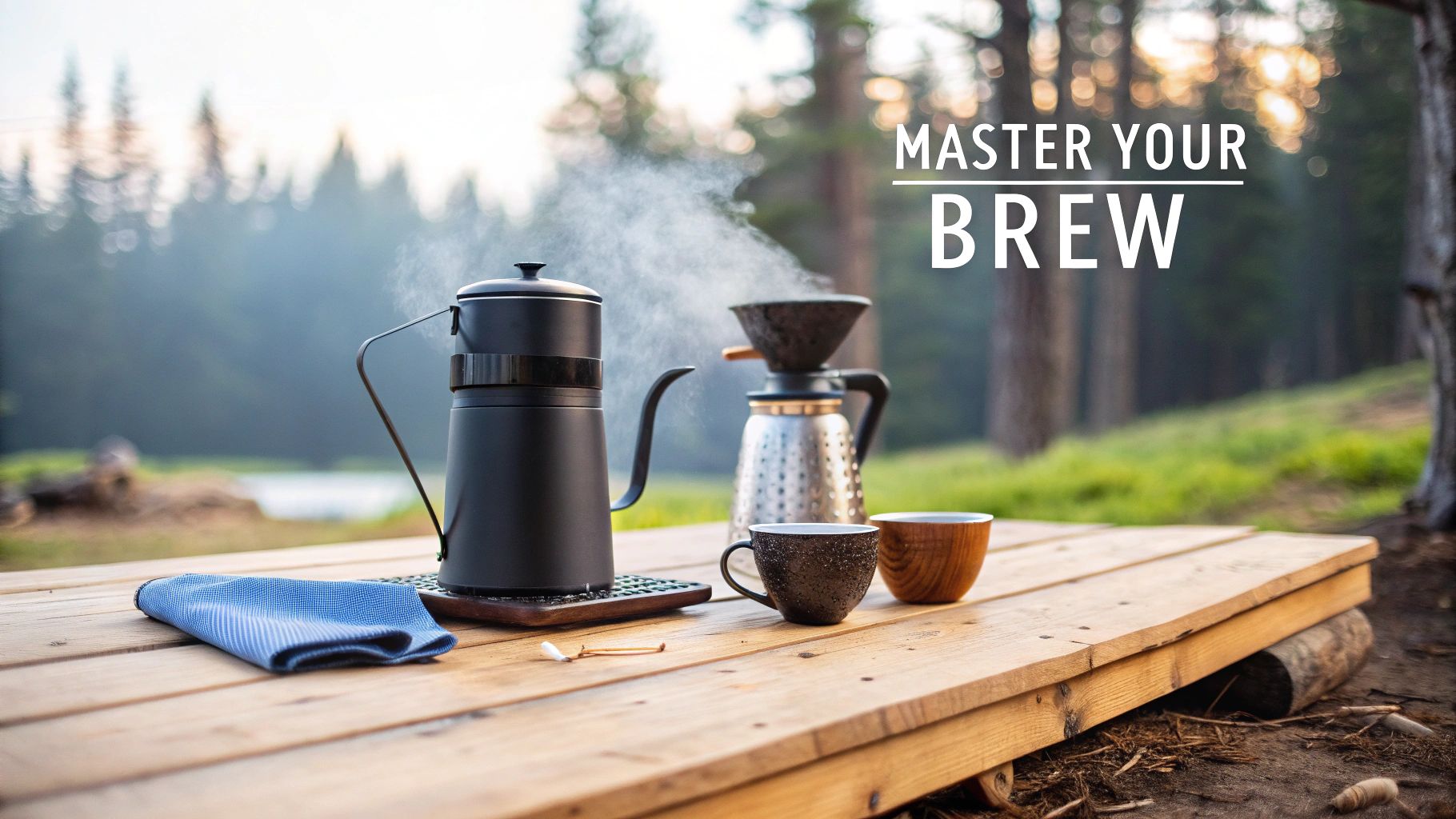 A scenic outdoor coffee brewing setup with two brewers and cups on a wooden table.