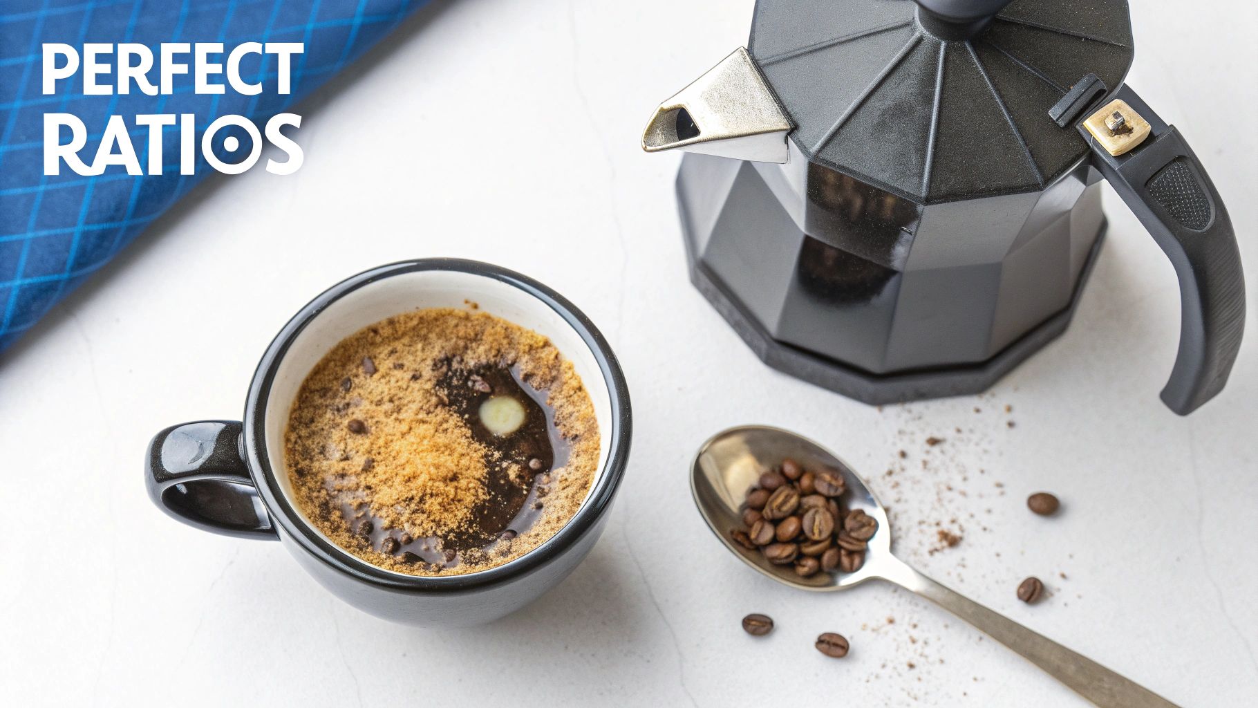Overhead shot of a black coffee mug, moka pot, coffee beans, and text 'PERFECT RATIOS'.