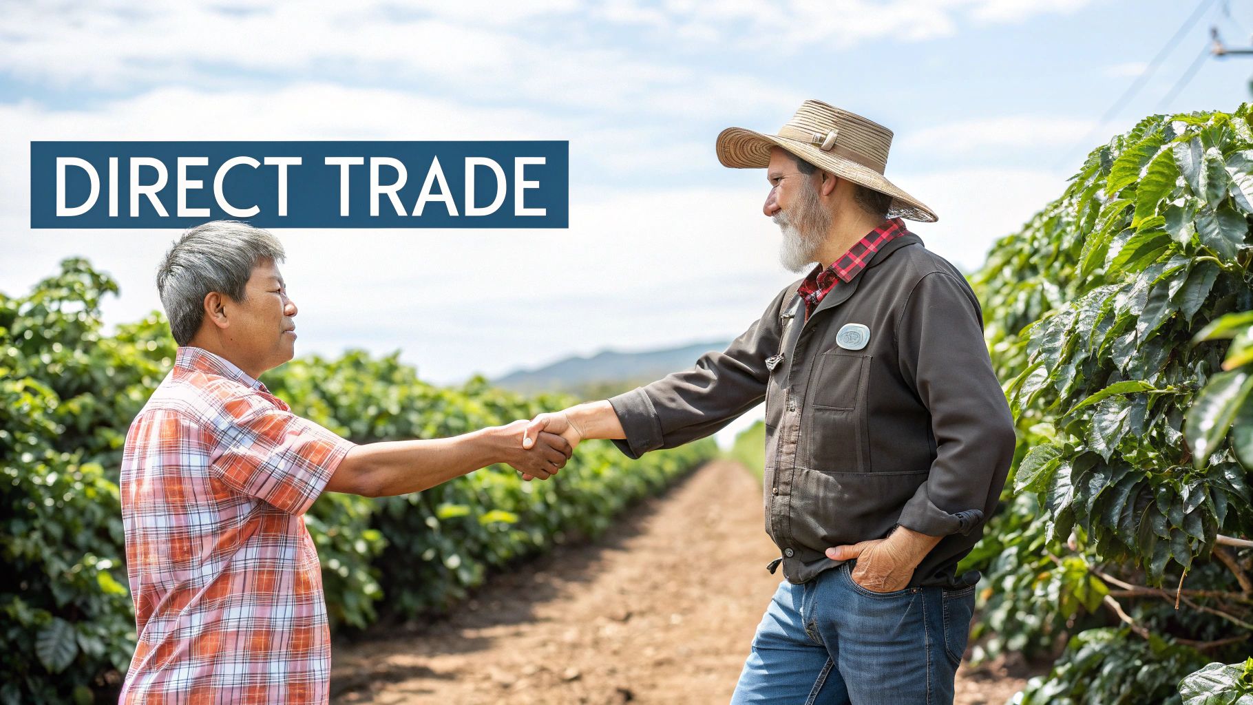 Two farmers shaking hands in a coffee field with 'DIRECT TRADE' text, symbolizing ethical sourcing.