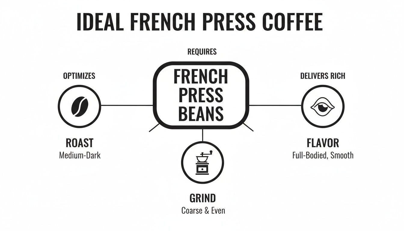 A visual guide detailing ideal French press coffee, requiring medium-dark roast, coarse grind, and delivering rich, smooth flavor.