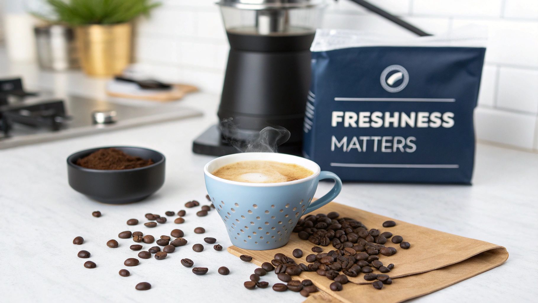 Steaming coffee mug, fresh coffee beans, ground coffee, and a bag reading 'FRESHNESS MATTERS'.