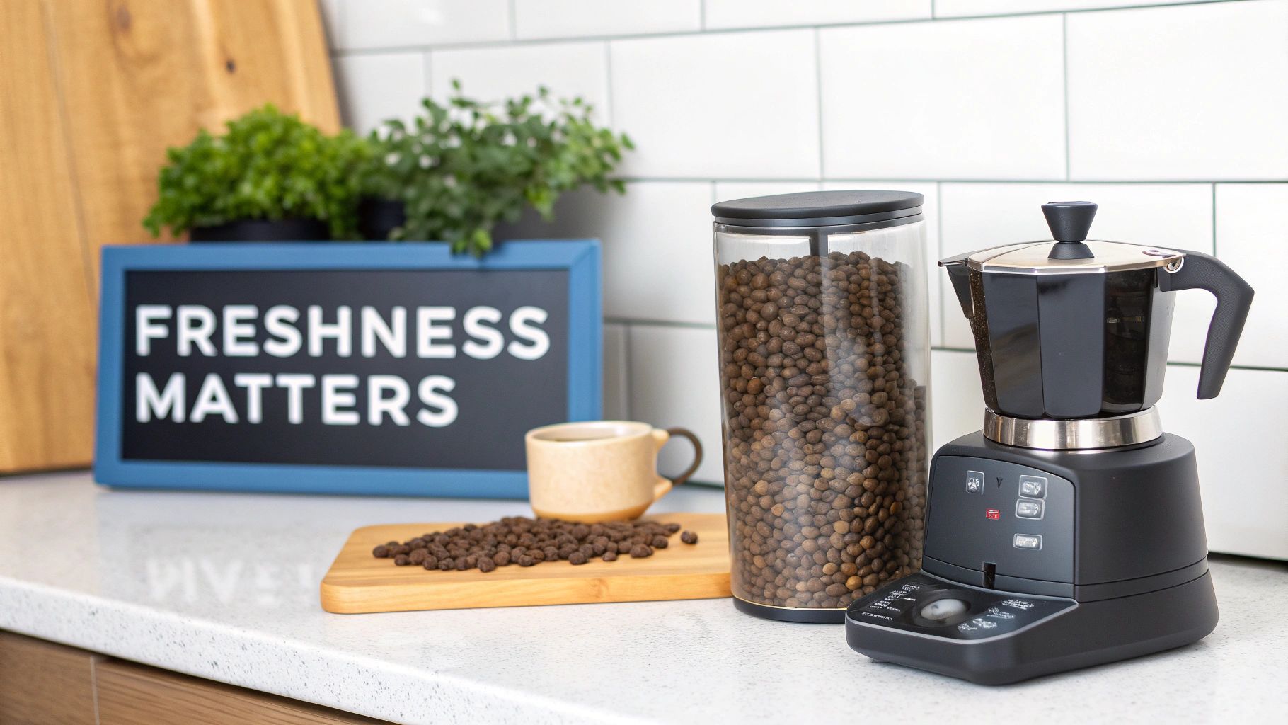 A modern kitchen counter with a Moka pot, coffee beans, and a sign saying "Freshness Matters."