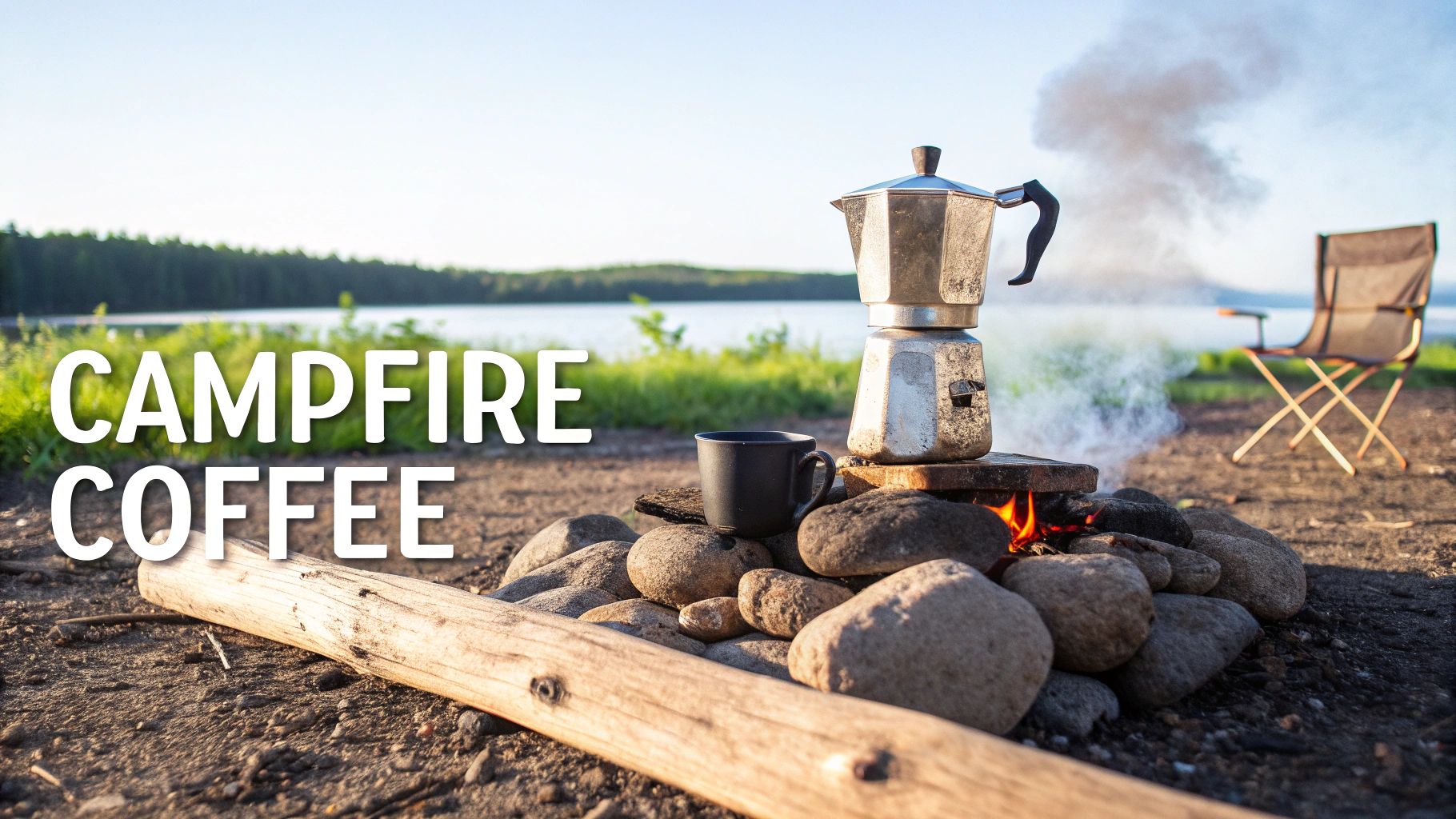 A classic moka pot brewing coffee on a stone campfire by a serene lake at sunrise.