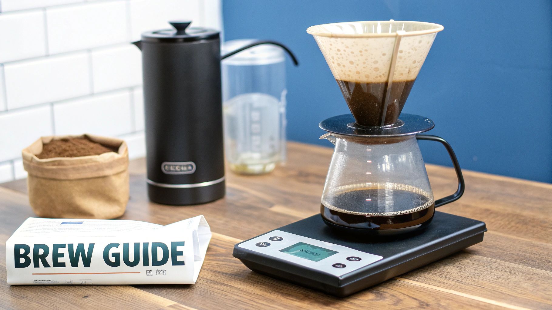 A pour-over coffee brewing setup with a dripper, coffee pot on a scale, a kettle, ground coffee, and a brew guide.