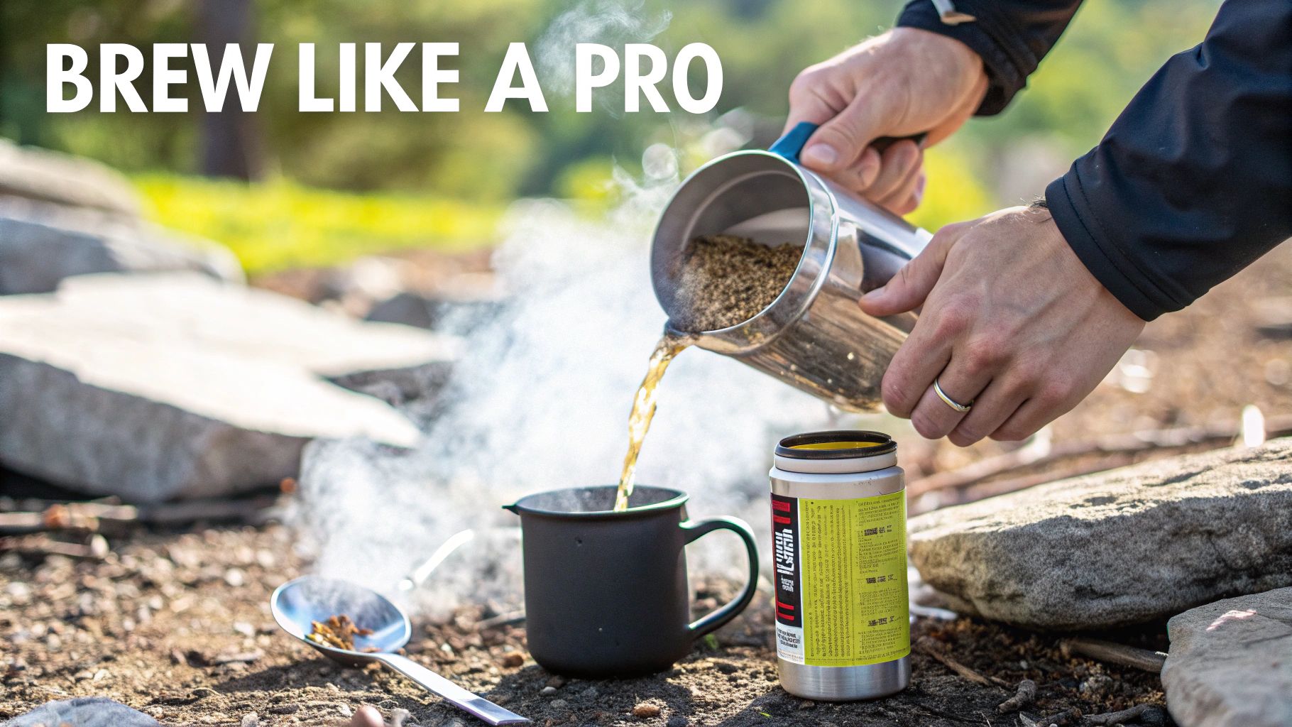 Brew like a pro: A person pours hot coffee from a percolator into a mug during outdoor camping.