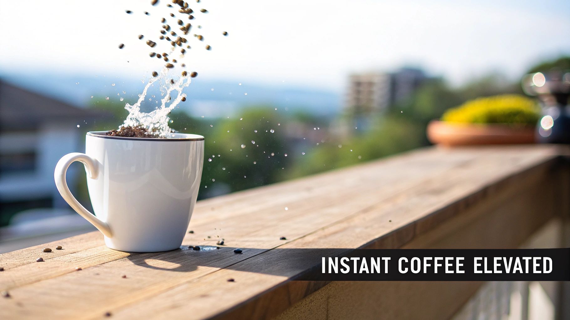 A white mug on a wooden balcony railing with coffee beans and water splashing out, suggesting elevated instant coffee.