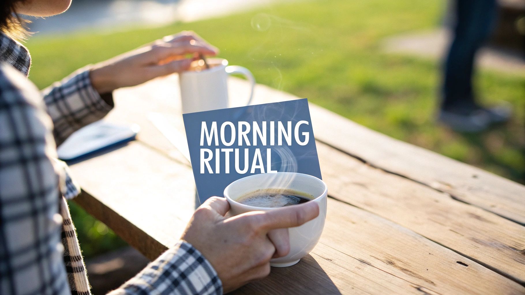 A person holding a steaming cup of coffee next to a 'MORNING RITUAL' sign on a wooden table outdoors.