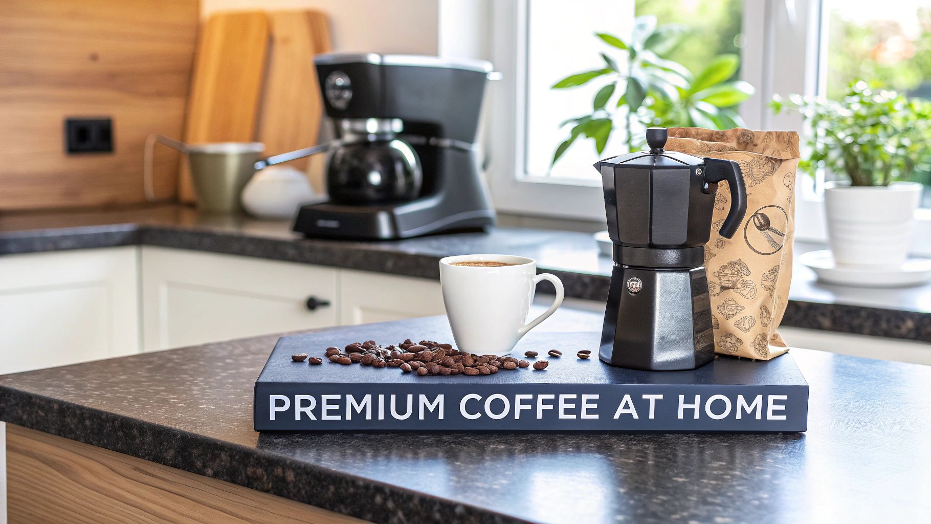 A kitchen counter displays a cup of coffee, scattered coffee beans, a moka pot, and a coffee bag.
