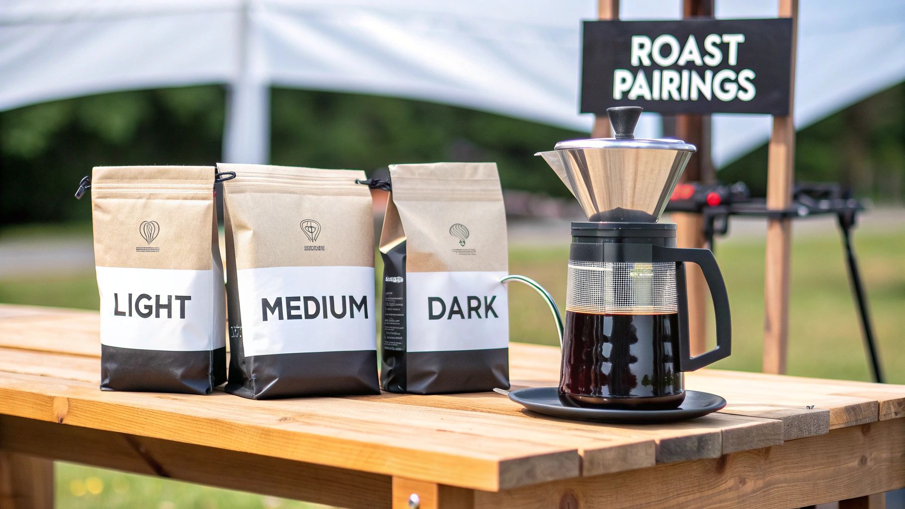 Three coffee bags (light, medium, dark) and a pour-over coffee maker on a wooden table.