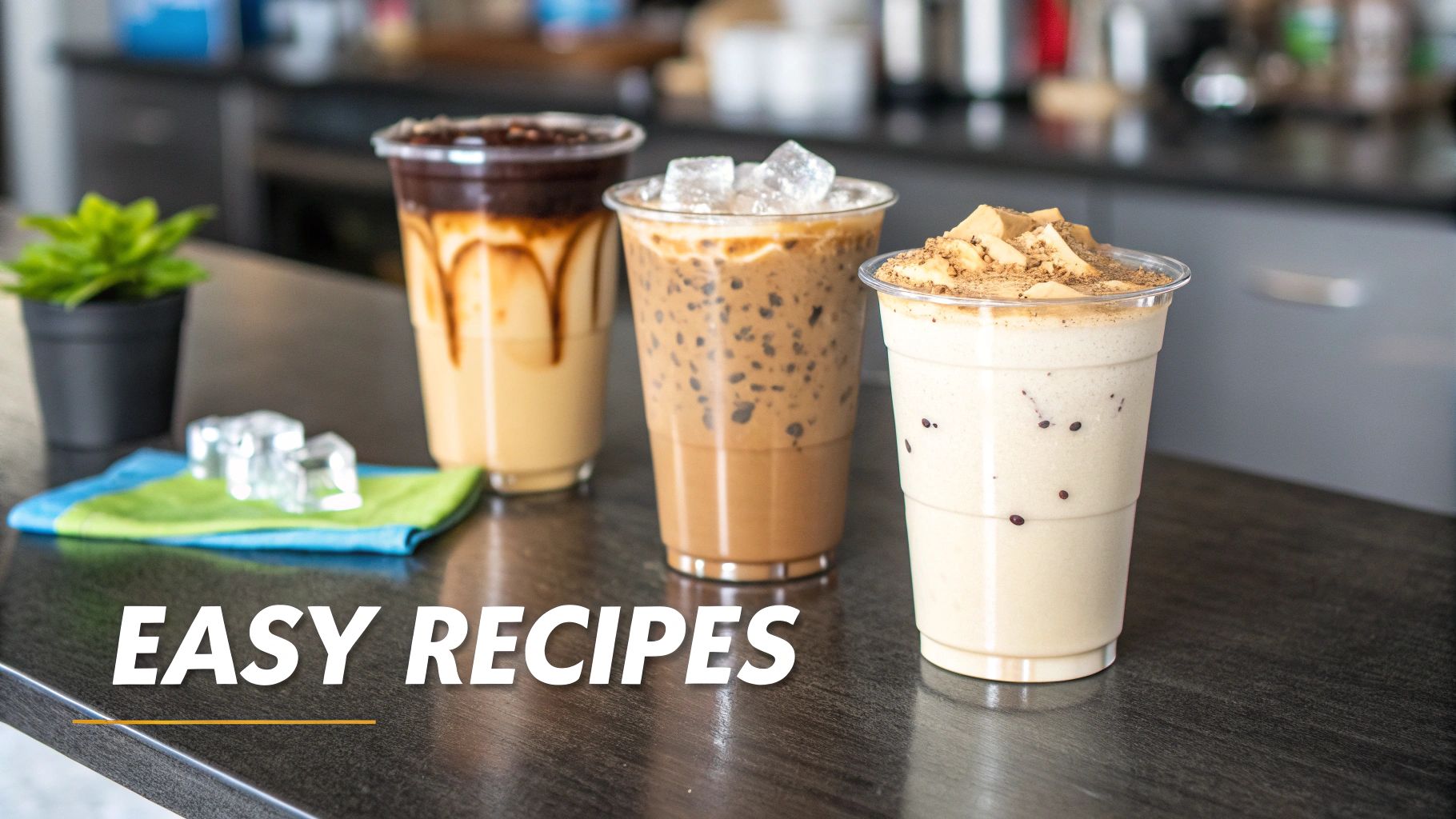 Three appealing iced coffee beverages on a dark countertop, showcasing different styles for easy recipes.