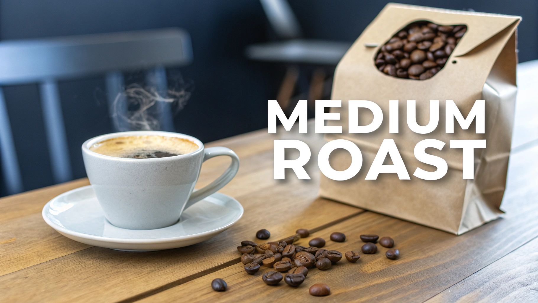 A steaming cup of medium roast coffee on a wooden table with scattered beans and a bag.