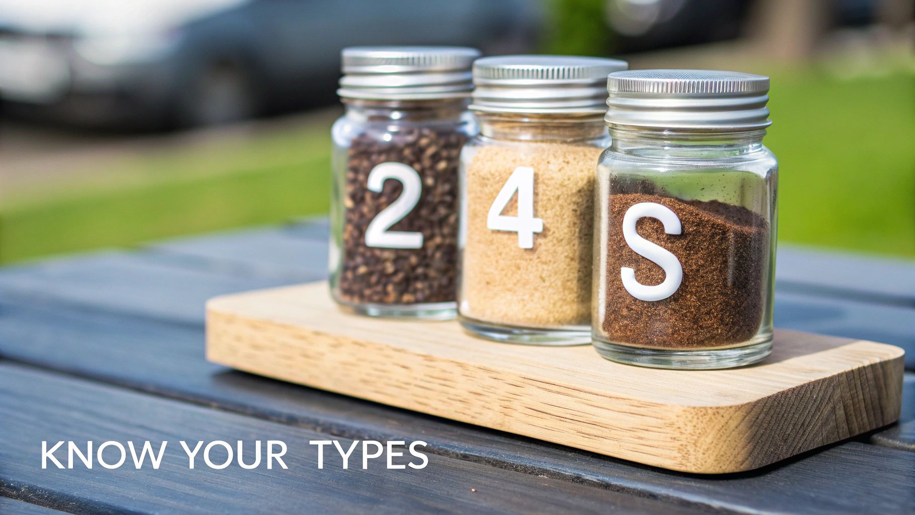 Three glass jars labeled 2, 4, and S, containing different coffee types on a wooden tray.