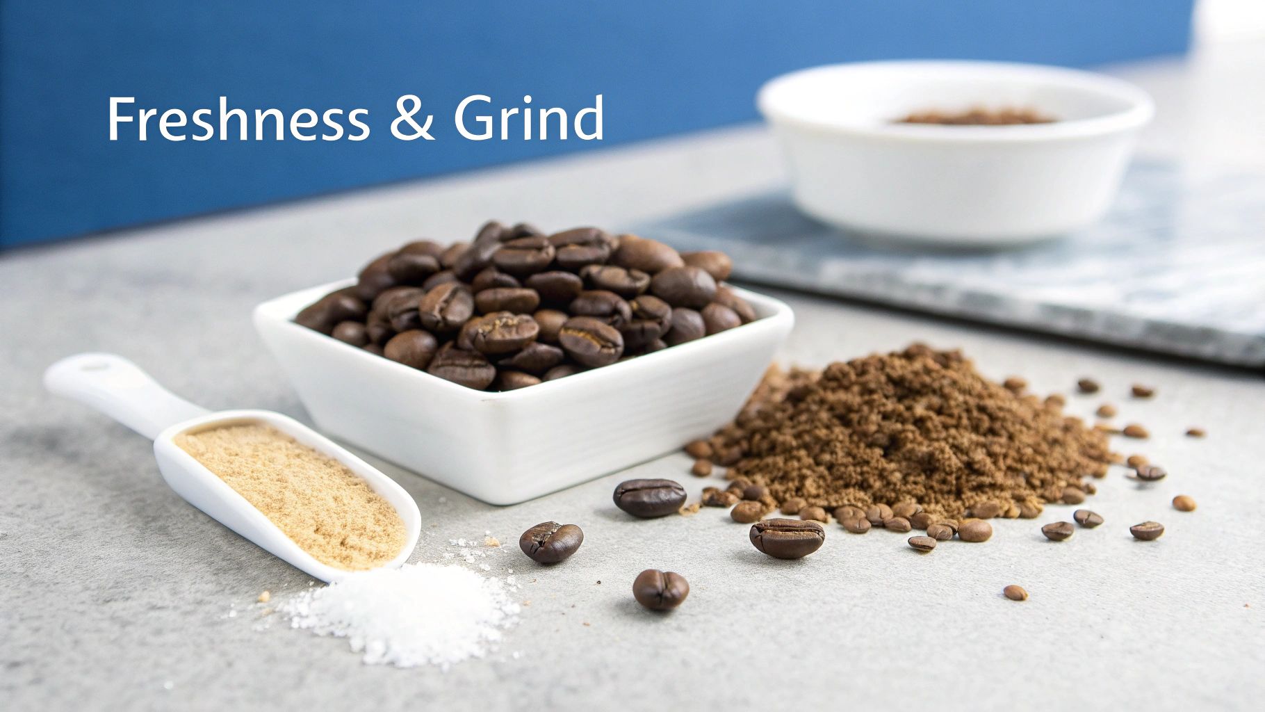 Close-up of roasted coffee beans in a bowl, a pile of ground coffee, and light powder in a scoop.