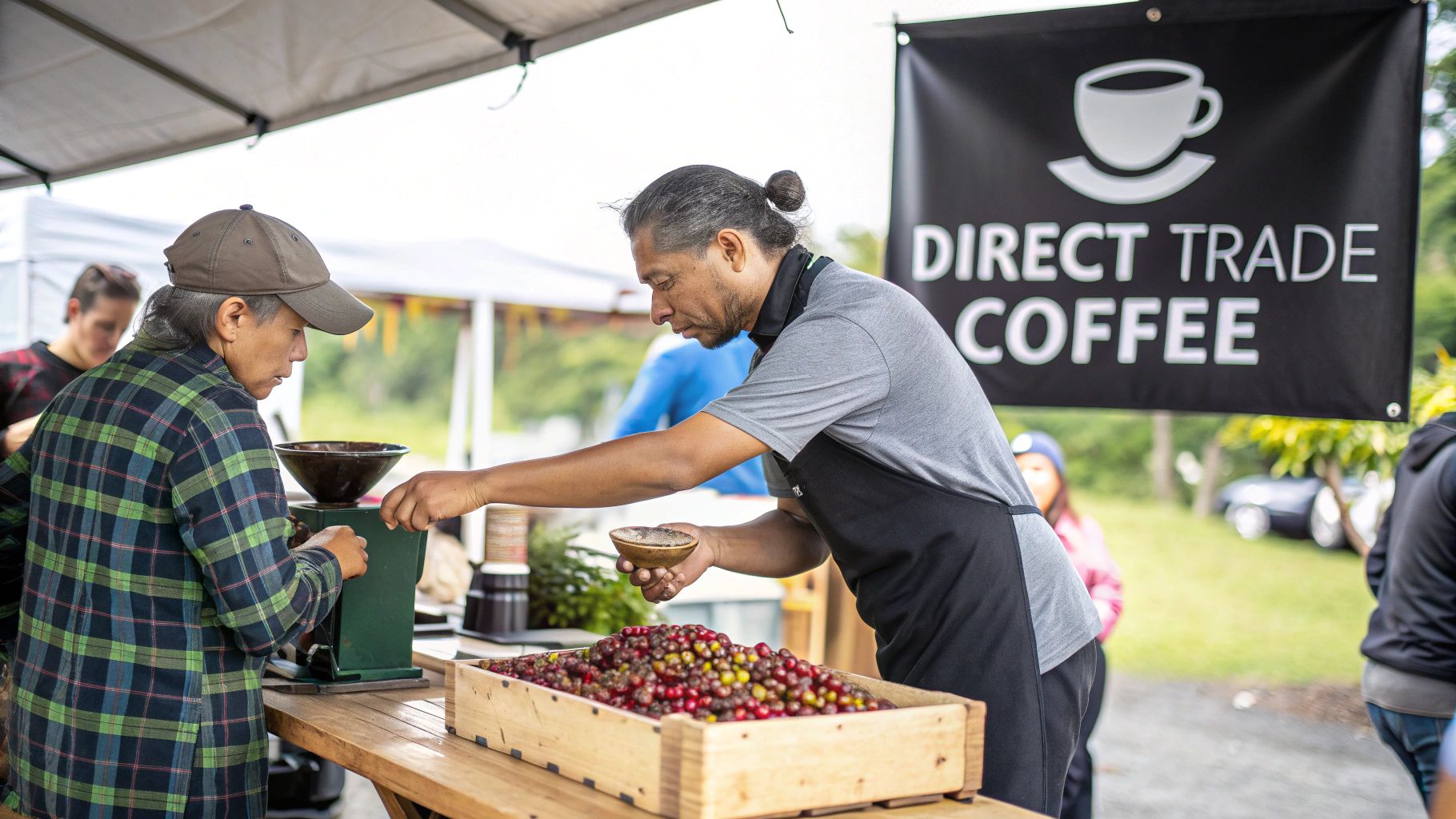 Two people demonstrate processing fresh coffee cherries at an outdoor direct trade coffee stand.