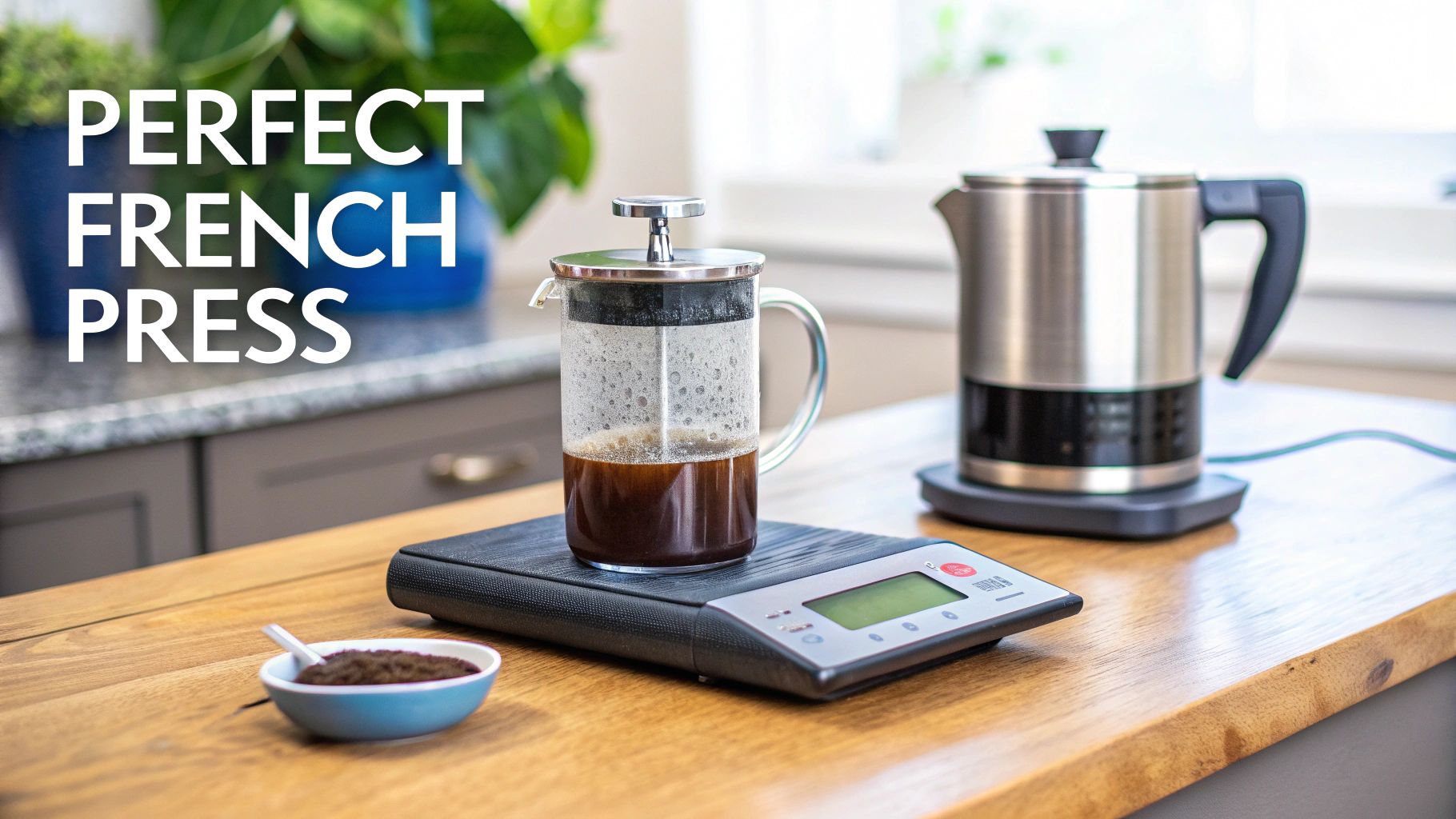 A French press coffee setup with scale, kettle, and ground coffee on a kitchen counter.