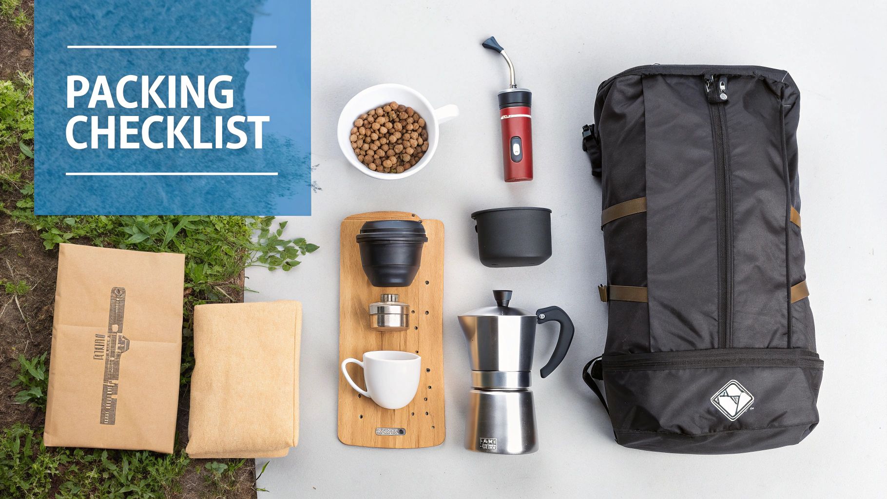 Overhead shot of camping coffee gear laid out: a backpack, moka pot, grinder, beans, and cups.