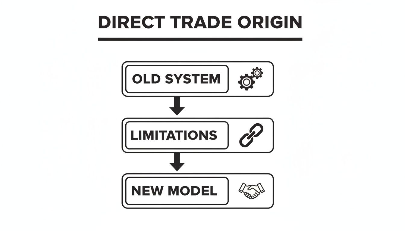 Flowchart illustrating the transition from an old trade system to a new direct trade model, highlighting limitations.