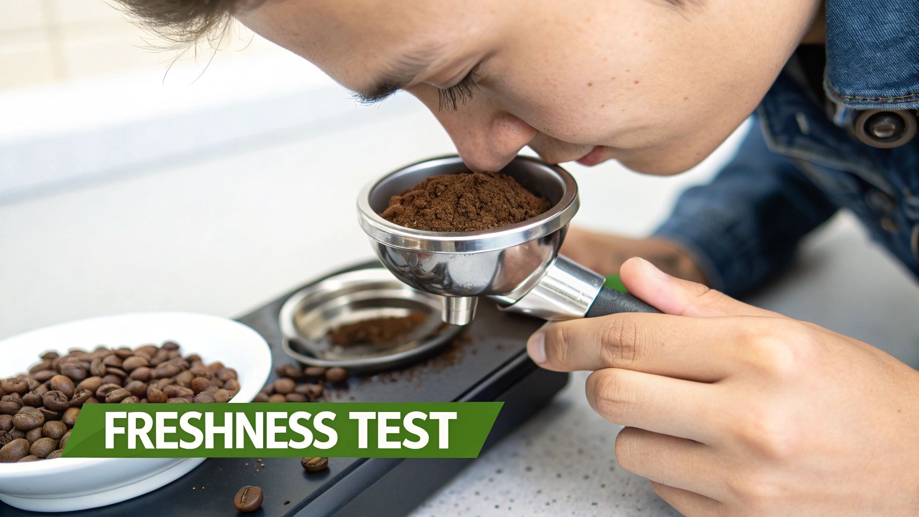 Close-up of a person smelling ground coffee in a portafilter for a freshness test, with coffee beans.