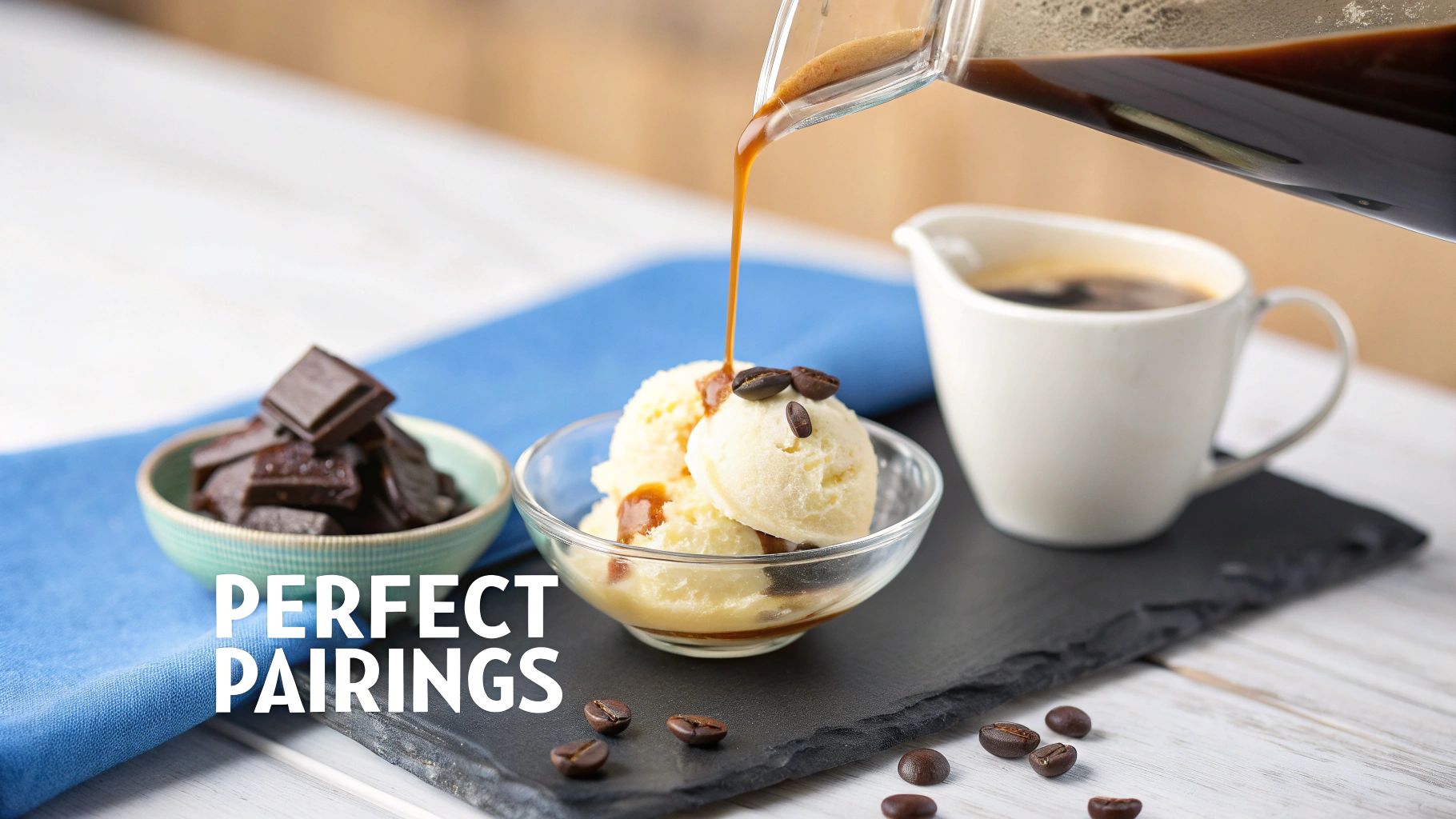 Coffee being poured over vanilla ice cream with coffee beans, chocolate, and a coffee cup.