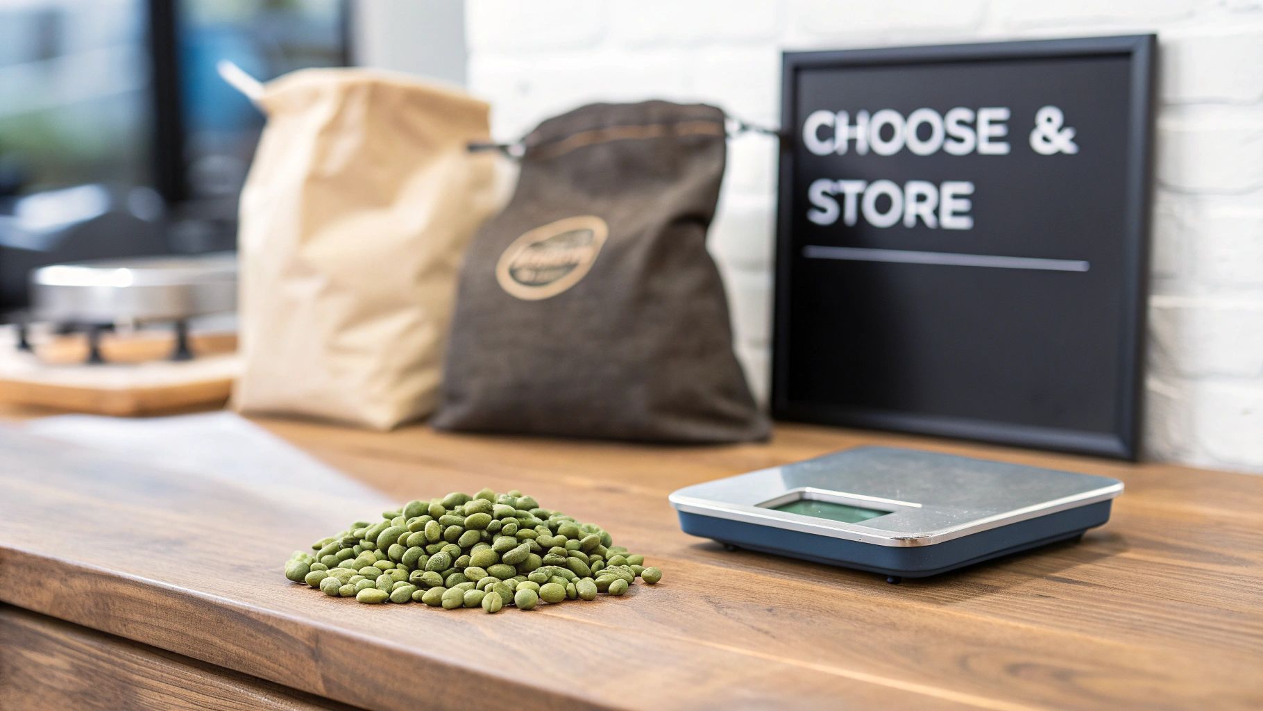Pile of green coffee beans on a wooden counter with coffee bags, a scale, and a 'Choose & Store' sign.