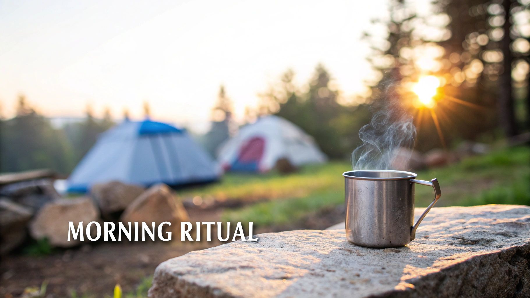 A steaming metal mug of coffee on a rock at sunrise with camping tents and trees in the background.