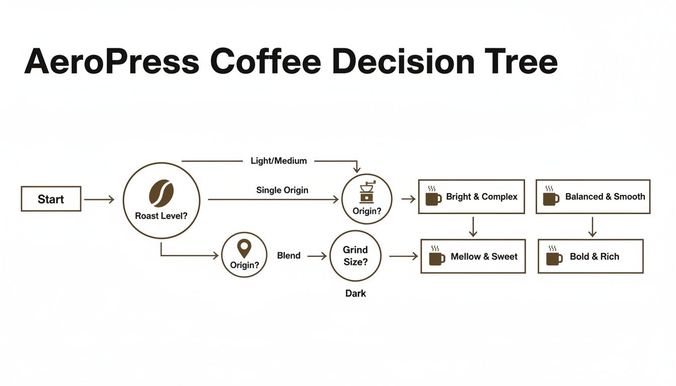 AeroPress coffee decision tree guides users to select roast, origin, and grind size for desired flavor profiles.