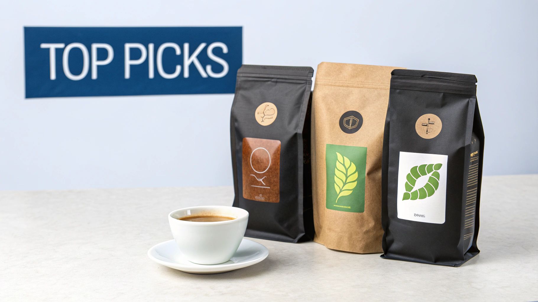 Three premium coffee bags in black and kraft, a fresh espresso, and a 'TOP PICKS' banner.