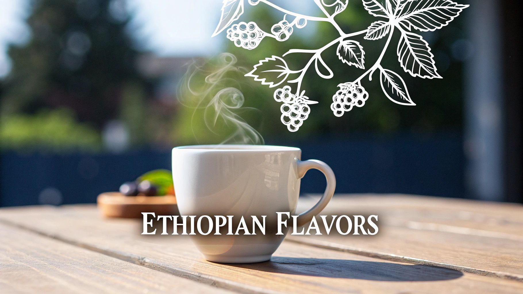 A steaming cup of coffee on a wooden table with 'Ethiopian Flavors' text and berry illustrations, suggesting unique tastes.