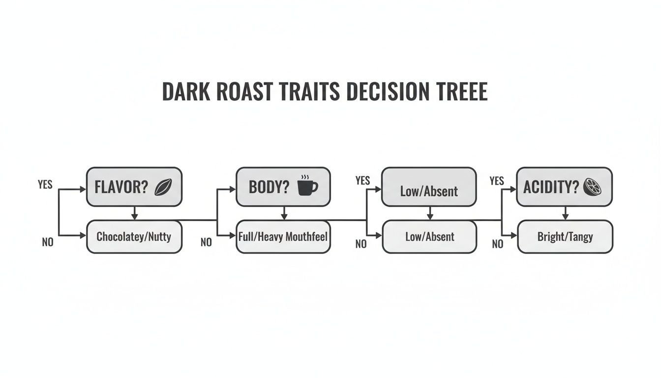 Decision tree illustrating dark roast coffee traits, including flavor, body, and acidity characteristics.