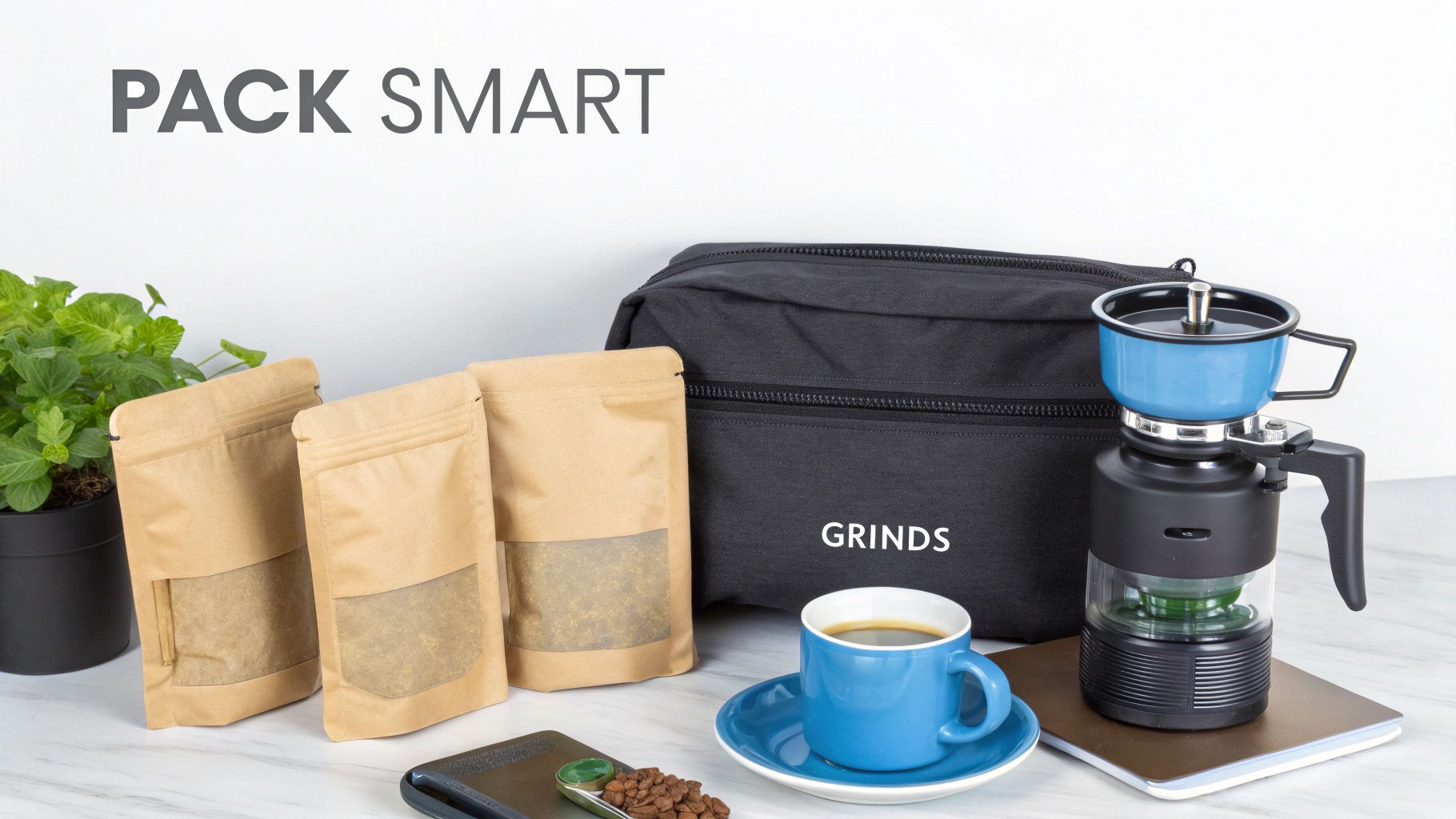A portable coffee kit with a GRINDS bag, coffee pouches, a coffee maker, and a cup of coffee.