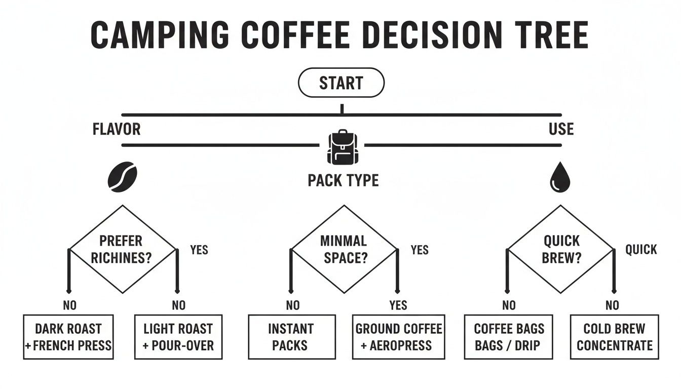 A camping coffee decision tree flowchart guiding choices based on flavor, space, and brew time.