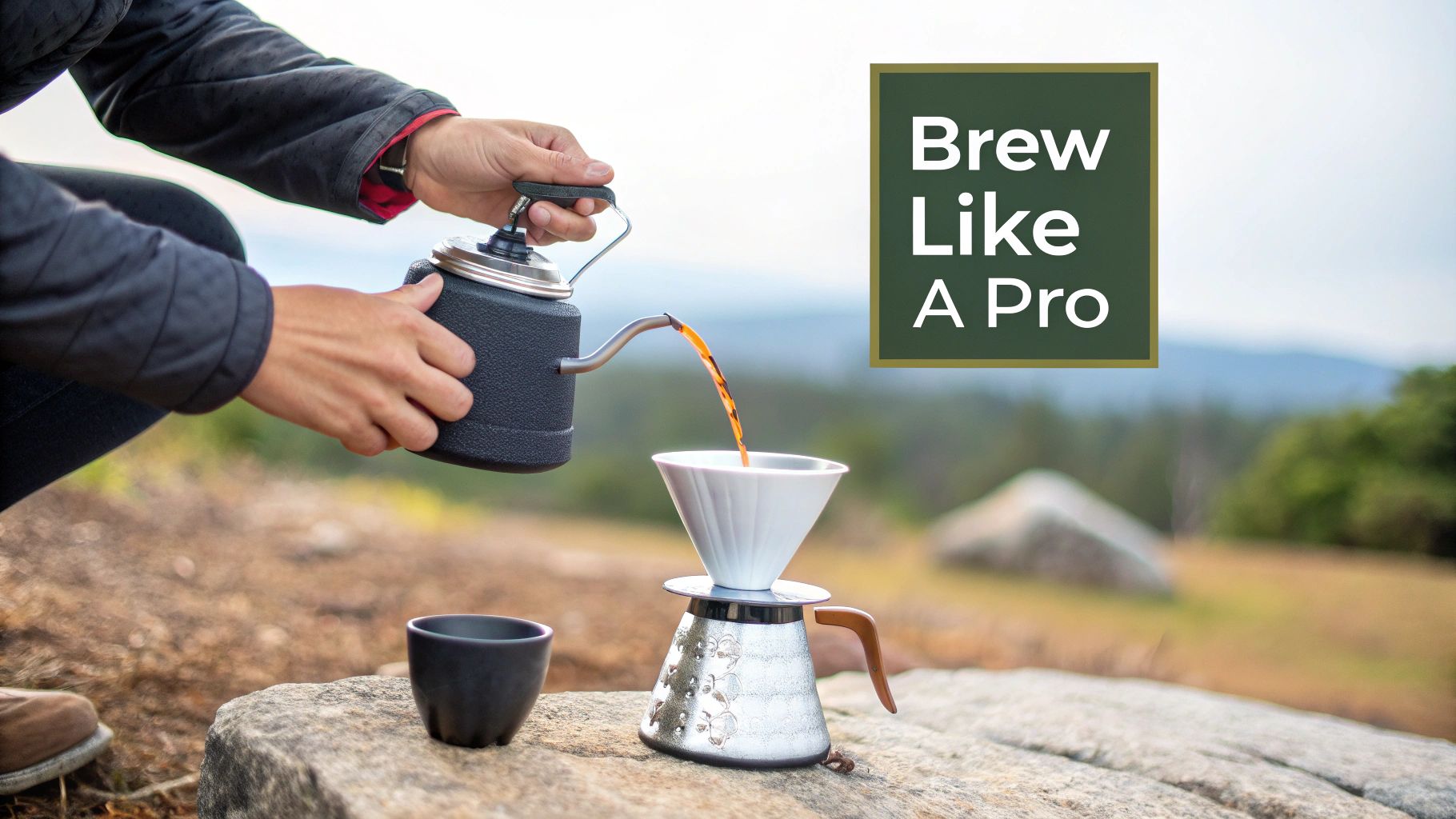 A person pours hot coffee from a gooseneck kettle into a pour-over maker outdoors on a rock.