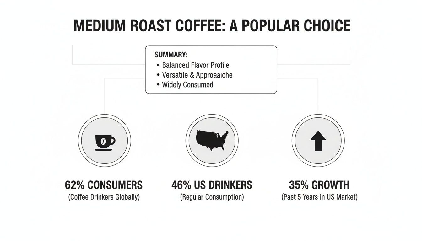 Infographic showing medium roast coffee popularity: 62% global consumers, 46% US drinkers, and 35% market growth.