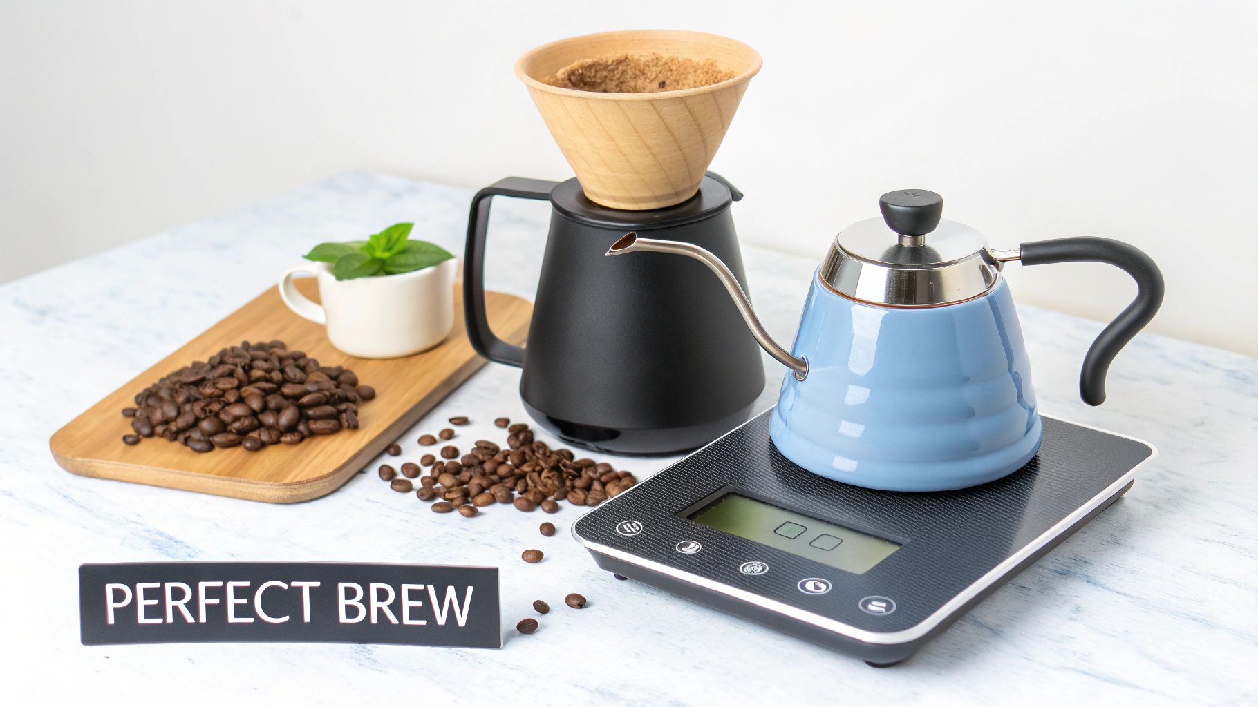 A pour-over coffee setup with a black brewer, blue gooseneck kettle on a scale, coffee beans, and mint.